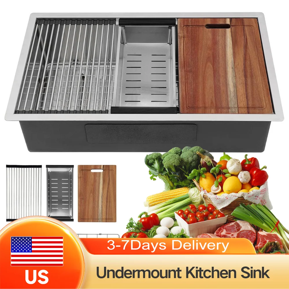 

16 Gauge 304 Stainless Steel Undermount Kitchen Sink 33 Inch Ledge Workstation Single Bowl Fast Drain with Bottom Grid Basket St