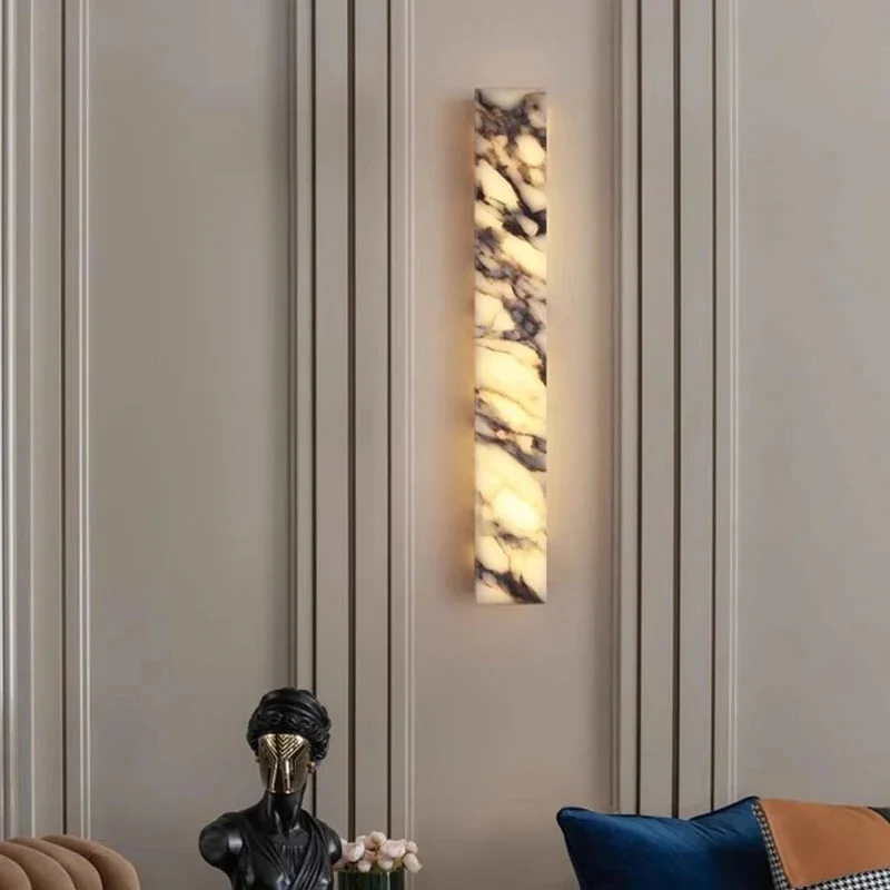 Long Rectangular Natural Alabaster Wall Sconce Marble Vein LED Wall LampVilla Corridor Staircase