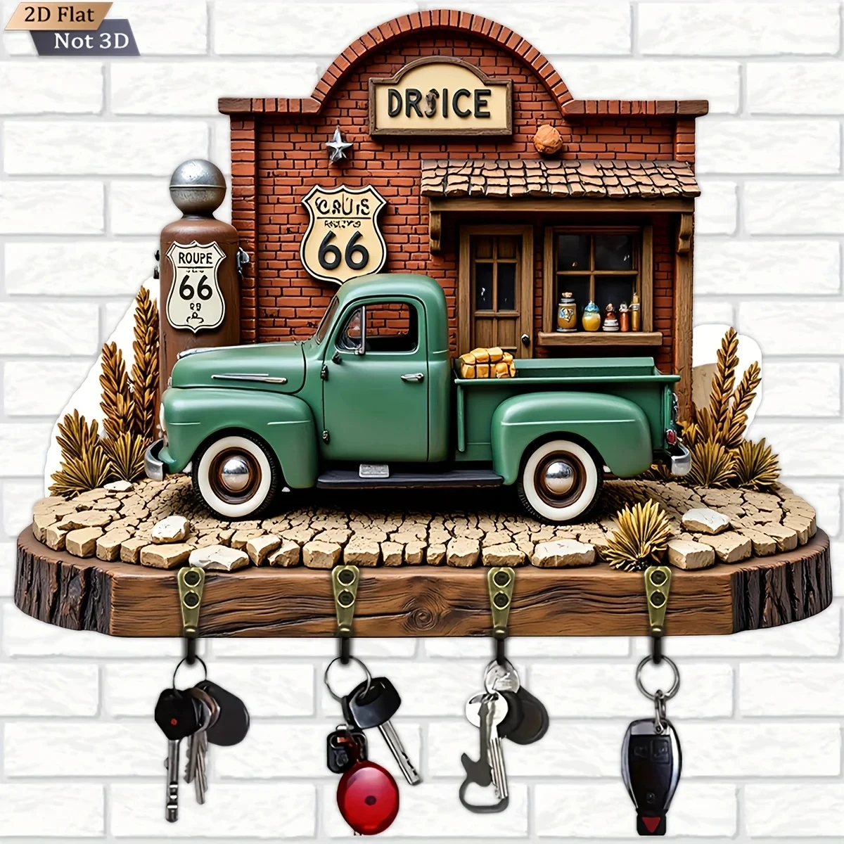 2D Flat, 1pc, Route 66 Retro Truck Key Hook Wooden Multifunctional Home Key Holder with Four Metal Hooks, Wall Decoration,