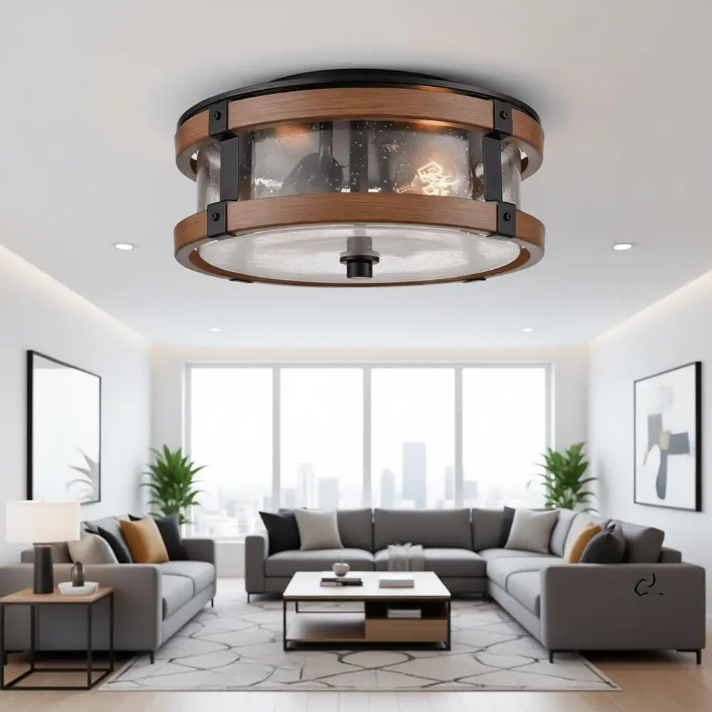 Lámpara de techo de 2 luces para pasillo en negro y acabado de madera rústica con pantalla de cristal transparente con efecto sembrado