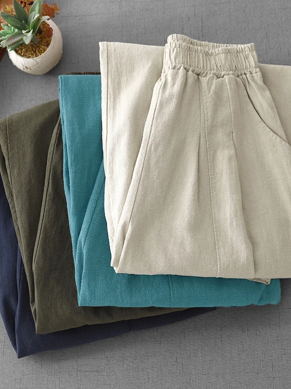 Artistieke pure kleur zand wa katoen linnen wijde pijpen lantaarnbroek plus maat dames losse taille casual afslankende lange broek