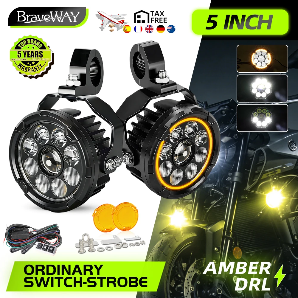 Braveway 4,5-Zoll LED-Motorrad-Zusatzscheinwerfer Weiß-Amber-Ring DRL Stroboskop-Dimmer mit Kabelbaum und Halterungen Offroad-Fahrzeugbeleuchtung für BMW 12V 24V