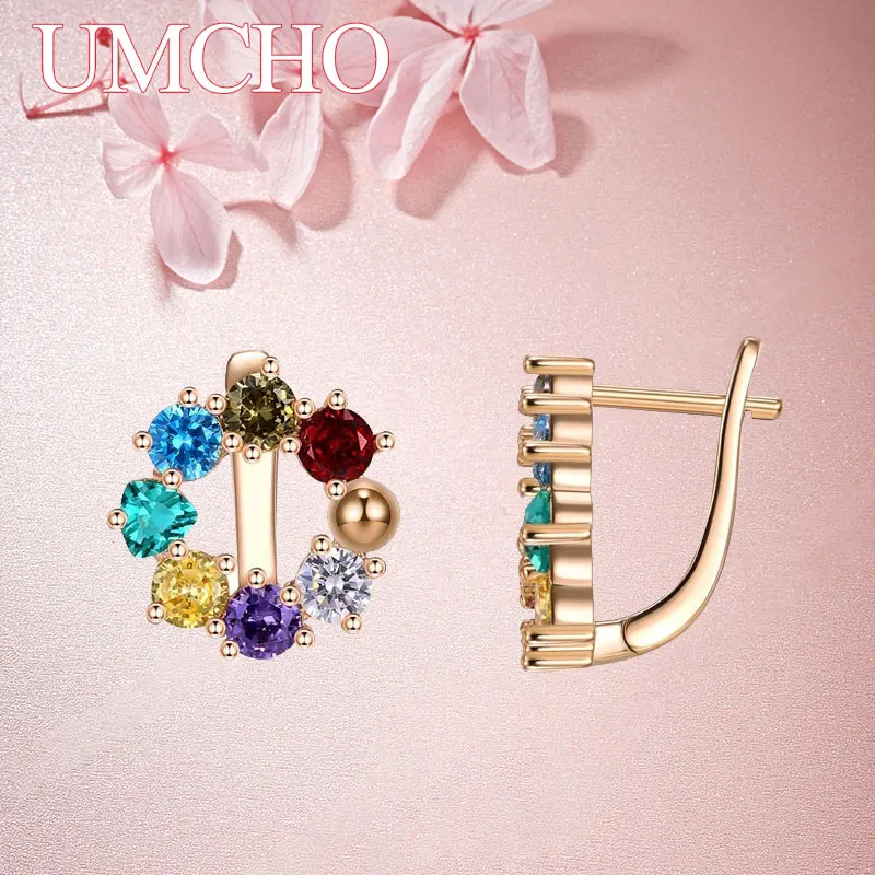 

UMCHO Rose Gold Color Artificial Zircon Multicolor Water Drop Wedding Party Women Round Dangle Earrings