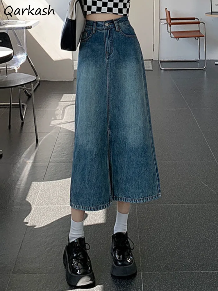 

Denim Skirts Women A-line Ins Slit Vintage Washed Bleached Korean Style Simple All-match Spring Ladies Temperament XS-2XL Casual