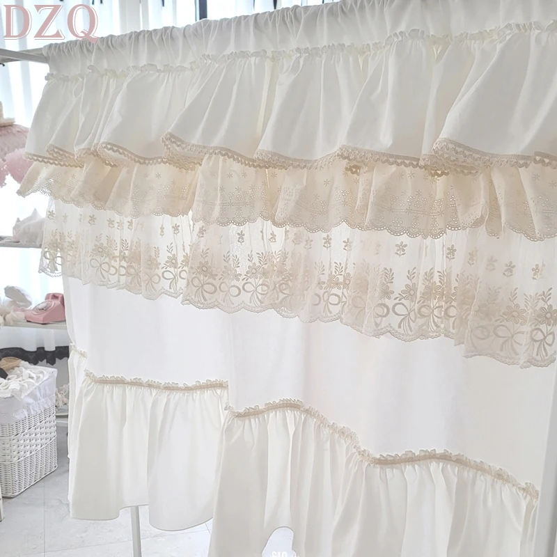 Korean Sweet Lace Curtains for Kitchen Living Room Solid Cotton Multi-layer Half Curtains Bottom Ruffle Half Curtains #A196