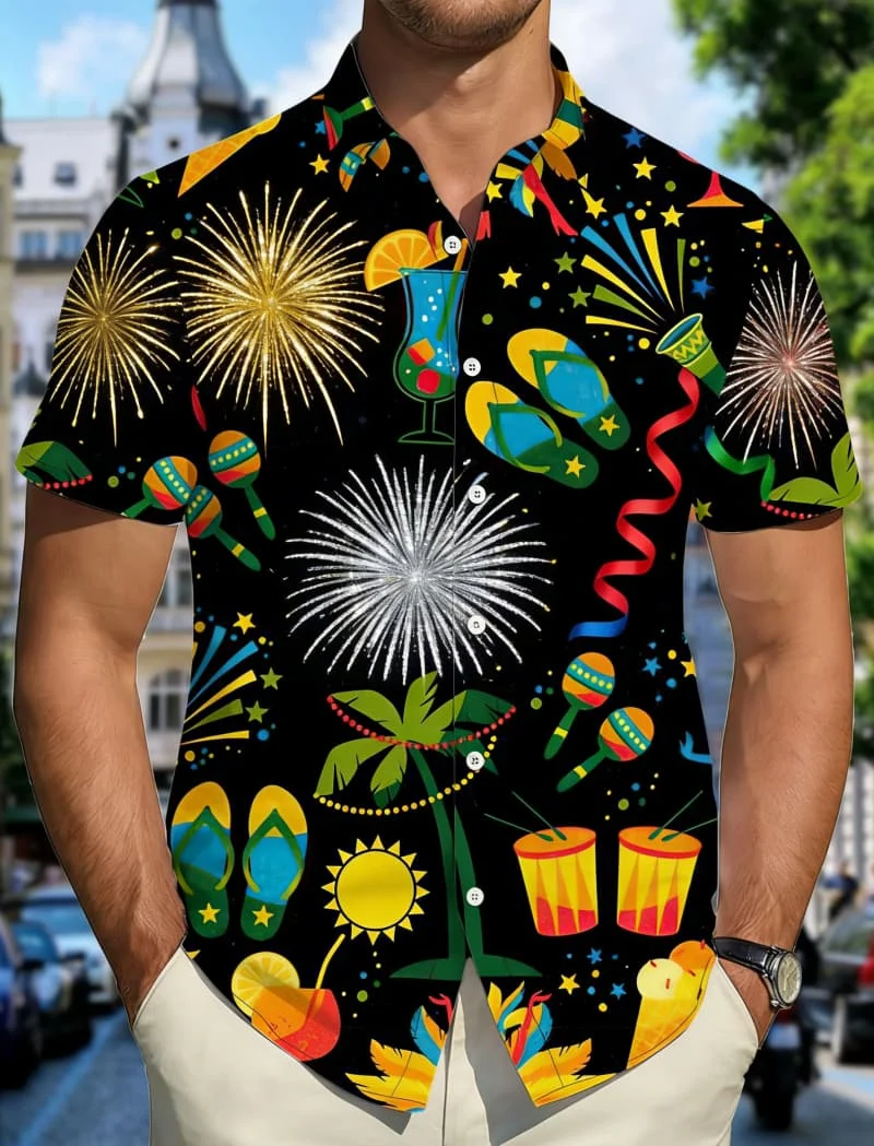 

Men's Casual Stylish Vibrant Festive Carnival Print Short Sleeve Shirt Casual Fashion For Summer Parties And Tropical Getaways