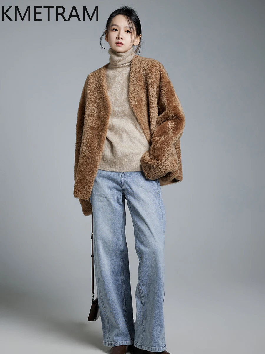 KMETRAM 100% Natural Lacon Wool Sheepskin Fur Coat Classic Black Women's Party Winter Jacket Winter Simple Clothing 2025 шуба