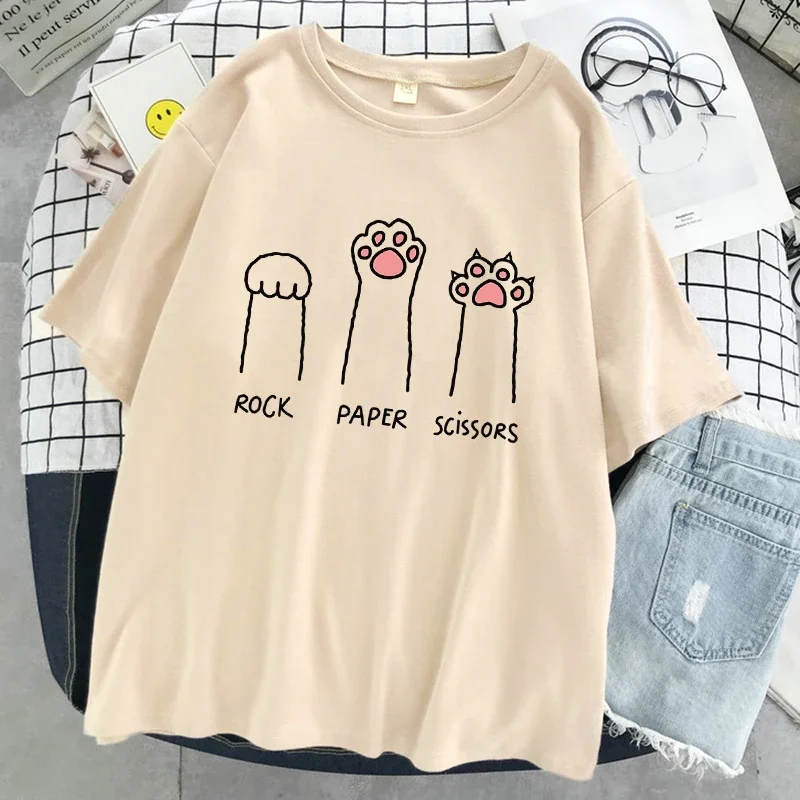 Rock Paper Scissors Funny Cat Print T Shirt Women Summer Soft Oversized Tops Fashion Casual Short Sleeve Street  Tshirt Y2K Top