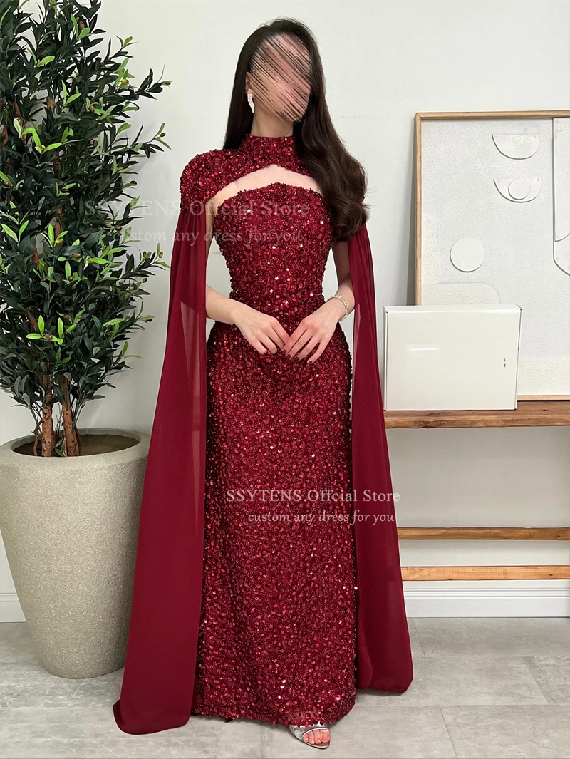 SSYTENS Elegant Red Formal Dress Shiny Sequined Wedding Evening Gowns Cape Sleeves Long Saudi Arabia Prom Dresses Customized