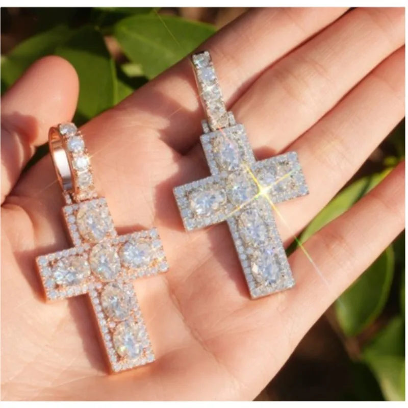 

LYEE CYEE Rose Gold Tone Double Cross Pendant Set. Full Iced S925 Silver with Moissanite, for Bold Hip-Hop Bling & Layered Neckl