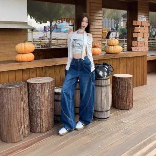Spring Plus Size Women's Clothing High Waist Loose Fit Casual Wear Wide Leg Jeans Denim Straight Cut Full Length Pants view 3