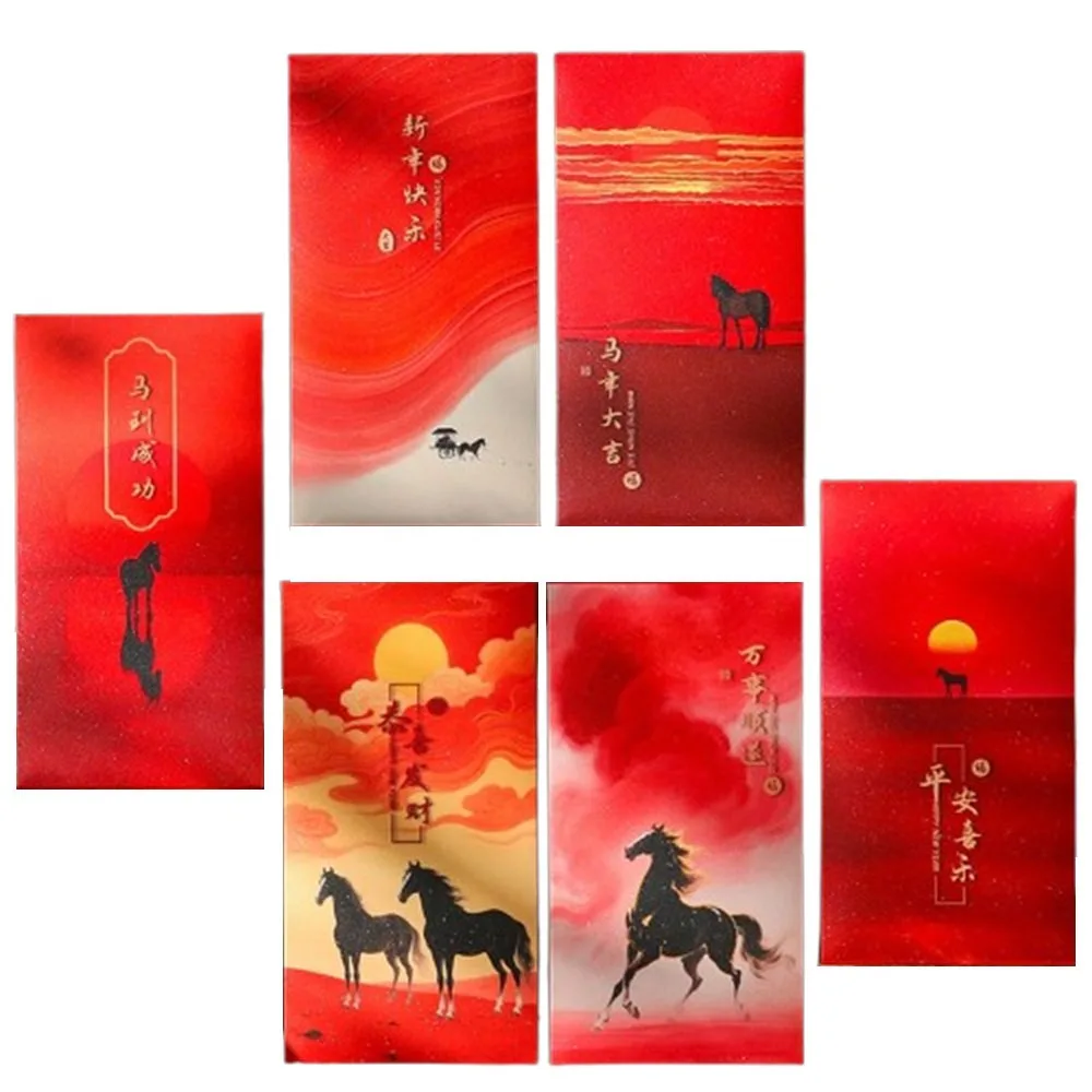 

6pcs 2026 Horse Year Chinese New Year Red Envelope Cartoon Blessing Lucky Money Envelopes Paper Traditional Red Pocket