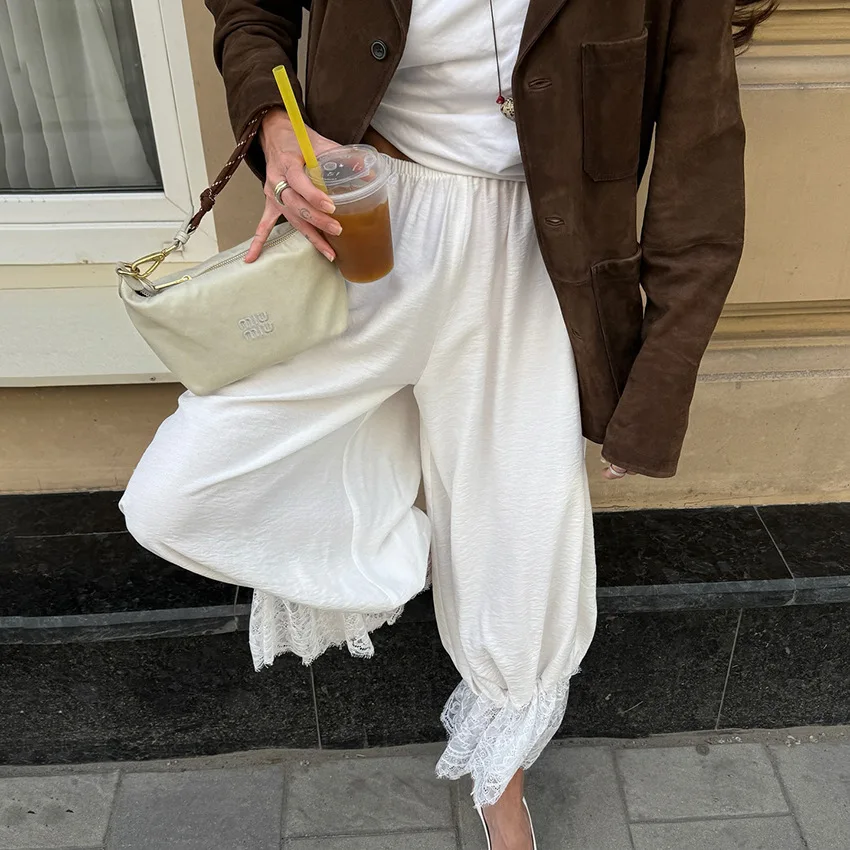 XIZOU Vintage Loose Lace Pencil Pants For Women White Elegant Elastic Waist Trousers Street Chic Ankle Length Pants 2025 Summer