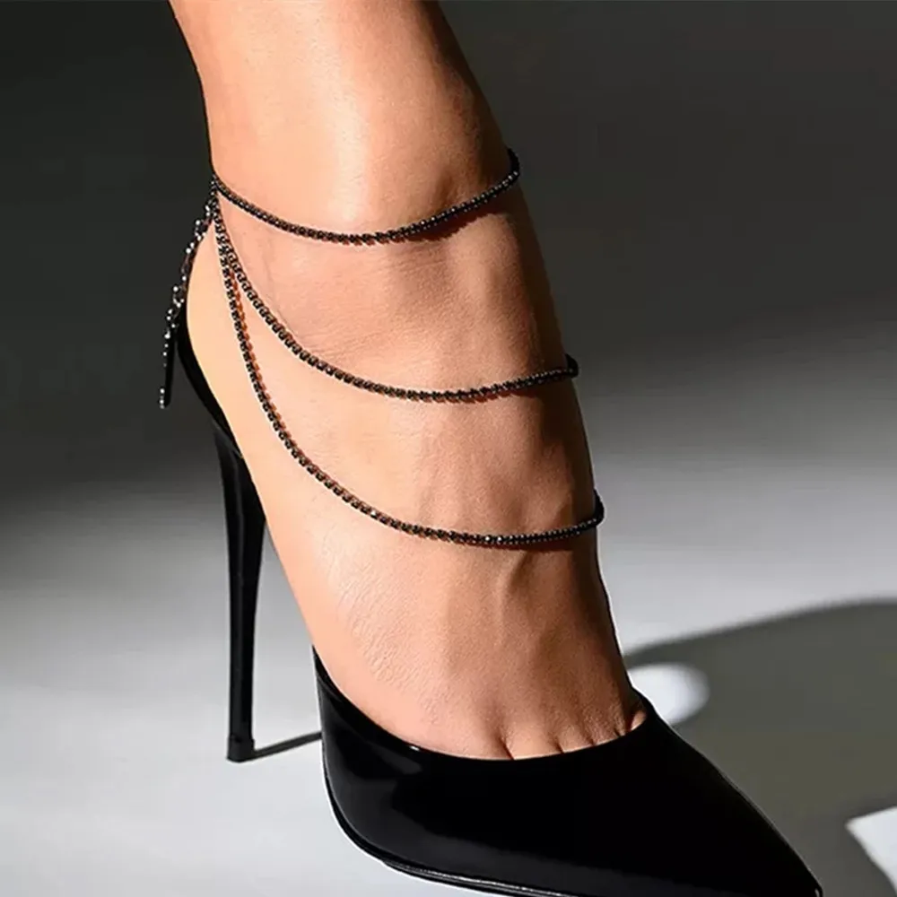 2022 라인석 섹시한 블랙 다층 발찌 체인 팔찌, 발 주얼리, 크리스탈 참, 긴 술 다리 체인, 발찌