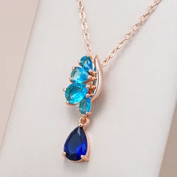 Kinel Hot 585 Rose Gold Color Pendant Necklace for Women's Blue Natural Zircon Accessories Ethnic Vintage Daily Fine Jewelry