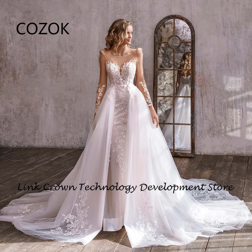 COZOK Luxury Detachable Train Wedding Dresses with Lace 2024 Sweep Train Full Sleeve Bridal Gowns for Princess Vestidos De Novia