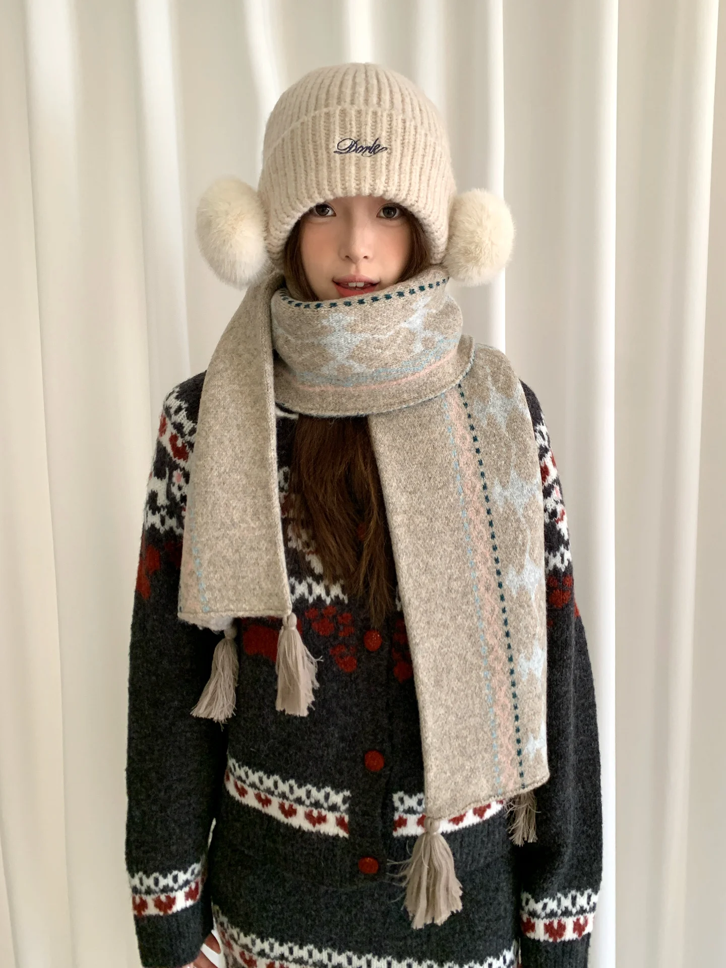 

Fair Lsle Ethnic Pattern Camel Hair Tassel Scarf For Women New Autumn And Winter Double-Sided Jacquard Thickening Warm Neck