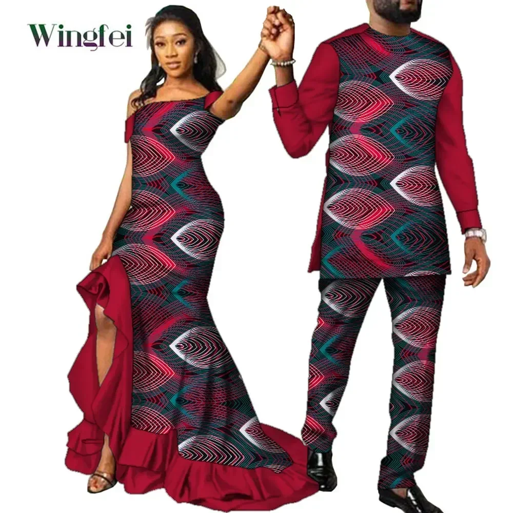 Fashion Couple Clothes African Ankara Print Women Maxi Long Dresses and Men Dashiki Suit African Clothes Lovers Outfit WYQ567