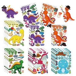 6-24sheets Reusable Dinosaur Stickers for Boys Girls DIY Make-a-face Stickers Puzzle Games Jigsaw Assemble Decorations Decals