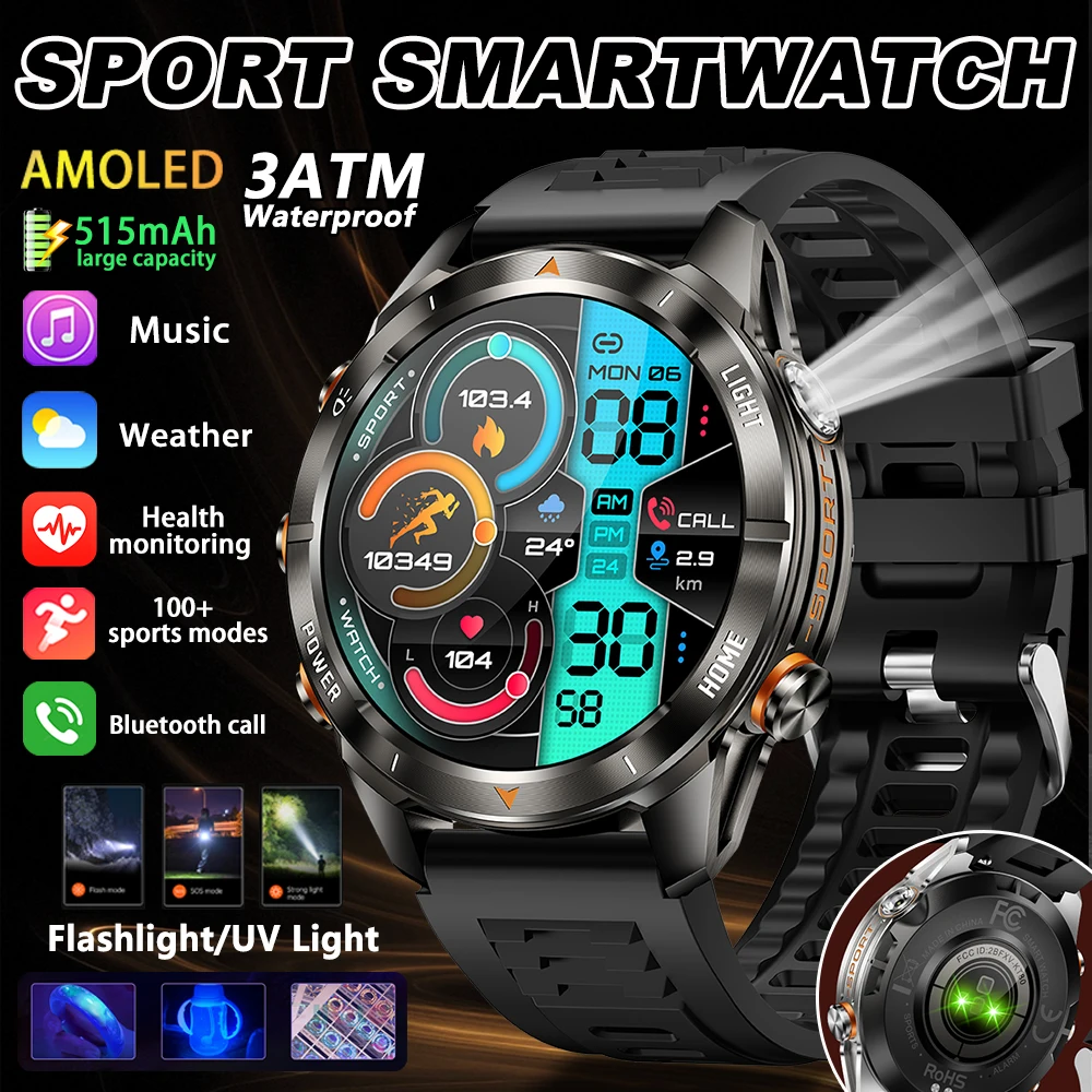 

Новые прочные военные смарт-часы 2026 года для мужчин с AMOLED HD-экраном, аккумулятором 515 мАч, водонепроницаемые, для плавания, с функцией звонков по Bluetooth, спортивные смарт-часы