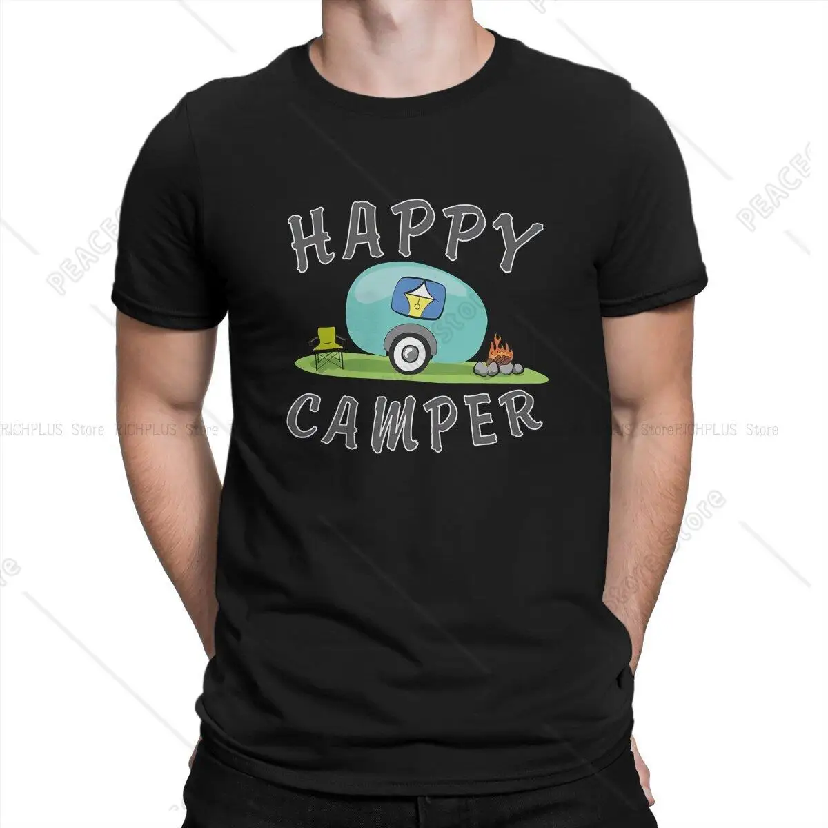 Happy Camping Trailer Camper Man'S Tshirt Camper Camping Crewneck Tops Polyester T Shirt Funny Birthday Gifts