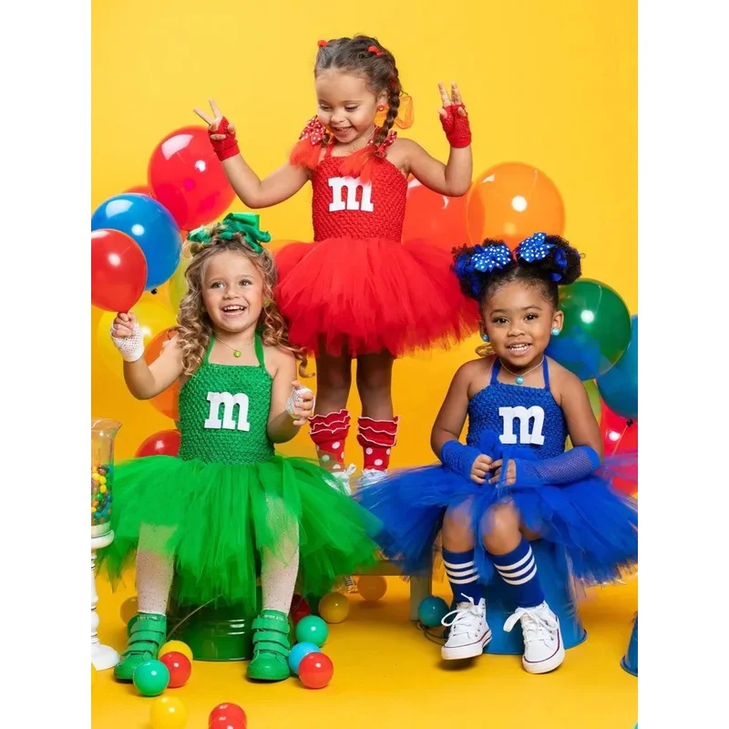 Disfraz de Halloween para niños, bonito disfraz de Chocolate M, caramelo, Navidad, niña bonita, verde, amarillo, azul, colorido, suave, tutú de baile de tul