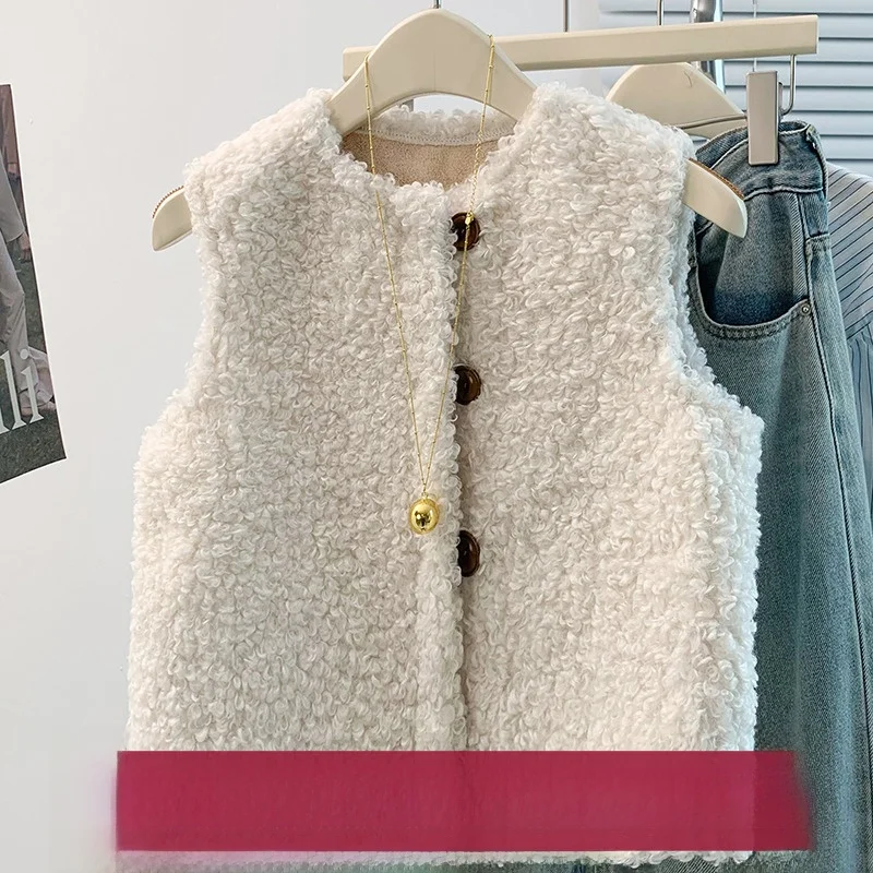 

Women's Winter New Loose Fit Lamb Fur Vest Thiened Warmth Layering Outerwear Cotton Polyester Blend Button Detail