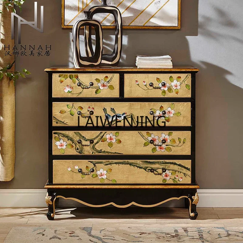 HLZ American pastoral flower and bird solid wood chest antique large storage porch dining side cabinet