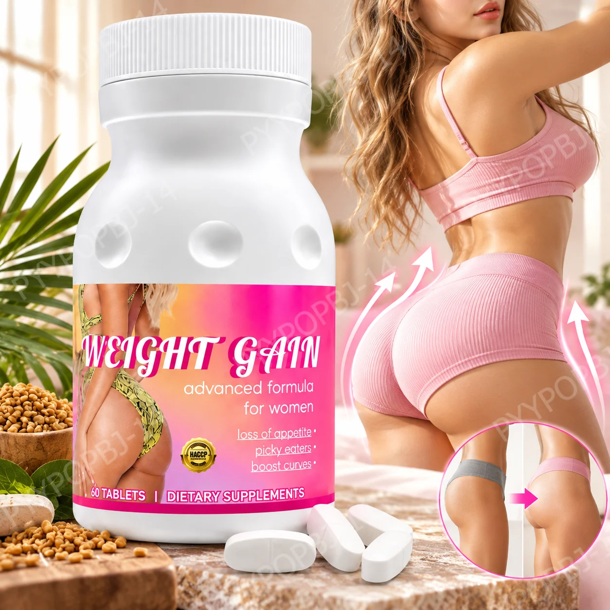 Women Weight Gain Tablets,Boost Appetite,Build Body Curves,Shape Feminine Figure,Support Healthy Weight Gain,Saw Palmetto, 60Ct