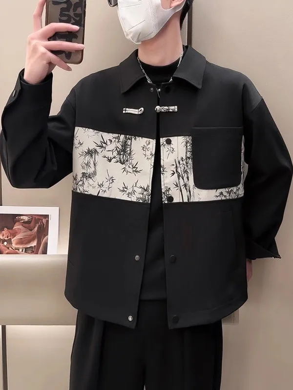 

New Chinese Sle Men's Jaet Spring Autumn Plaid Design High Collar Splicing Pattern Faionable Outerwear Stand Fit Lon...