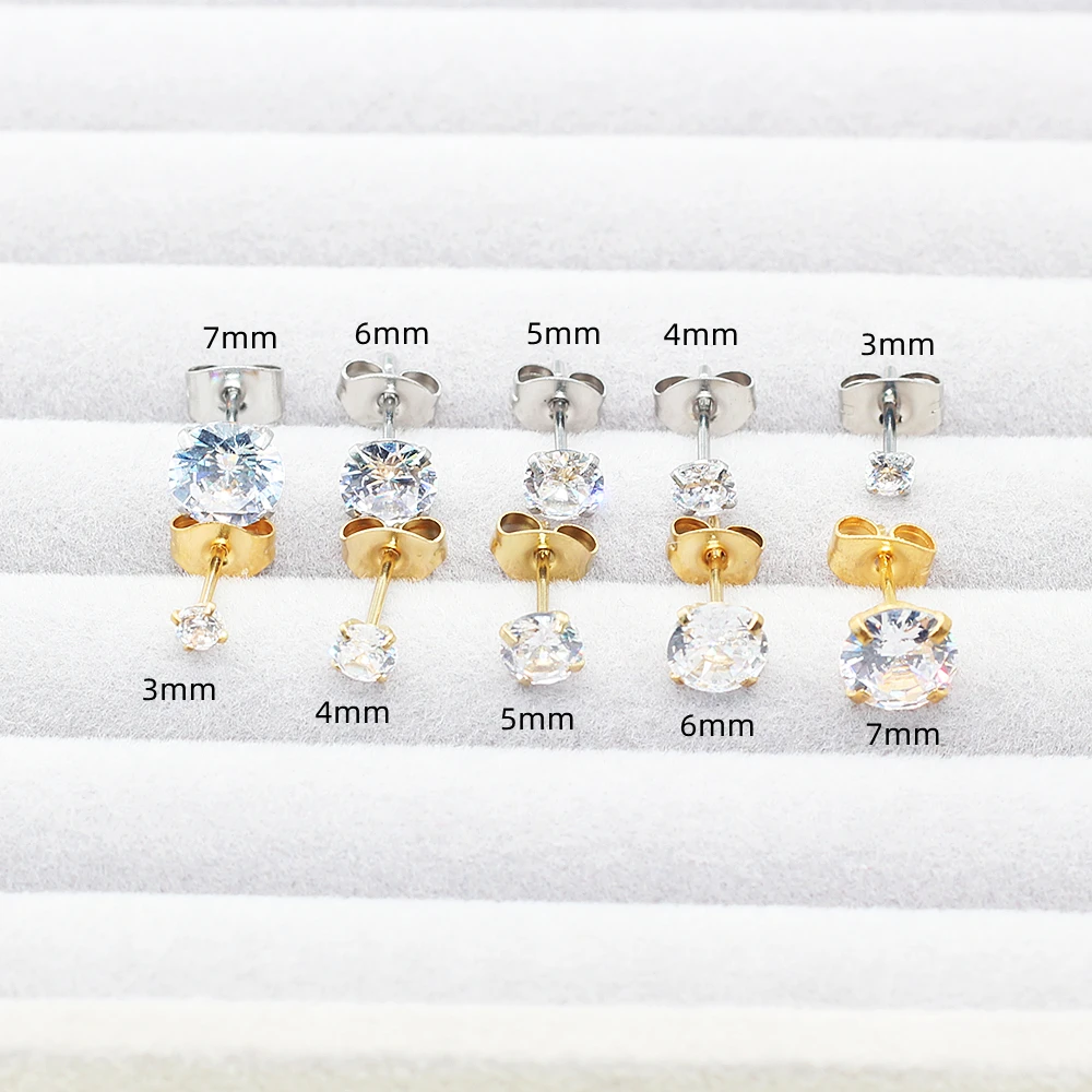 3 4 5 6MM Weiße Zirkon-Ohrstecker in Goldfarbe aus Edelstahl, Rund, 316L Edelstahl, IP-Beschichtung, kein Ausbleichen, antiallergisch – Detail 6