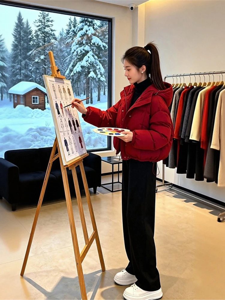 

Красная утепленная хлопковая куртка с капюшоном для женщин, новая зимняя модная повседневная свободная куртка в корейском стиле для поездок на работу