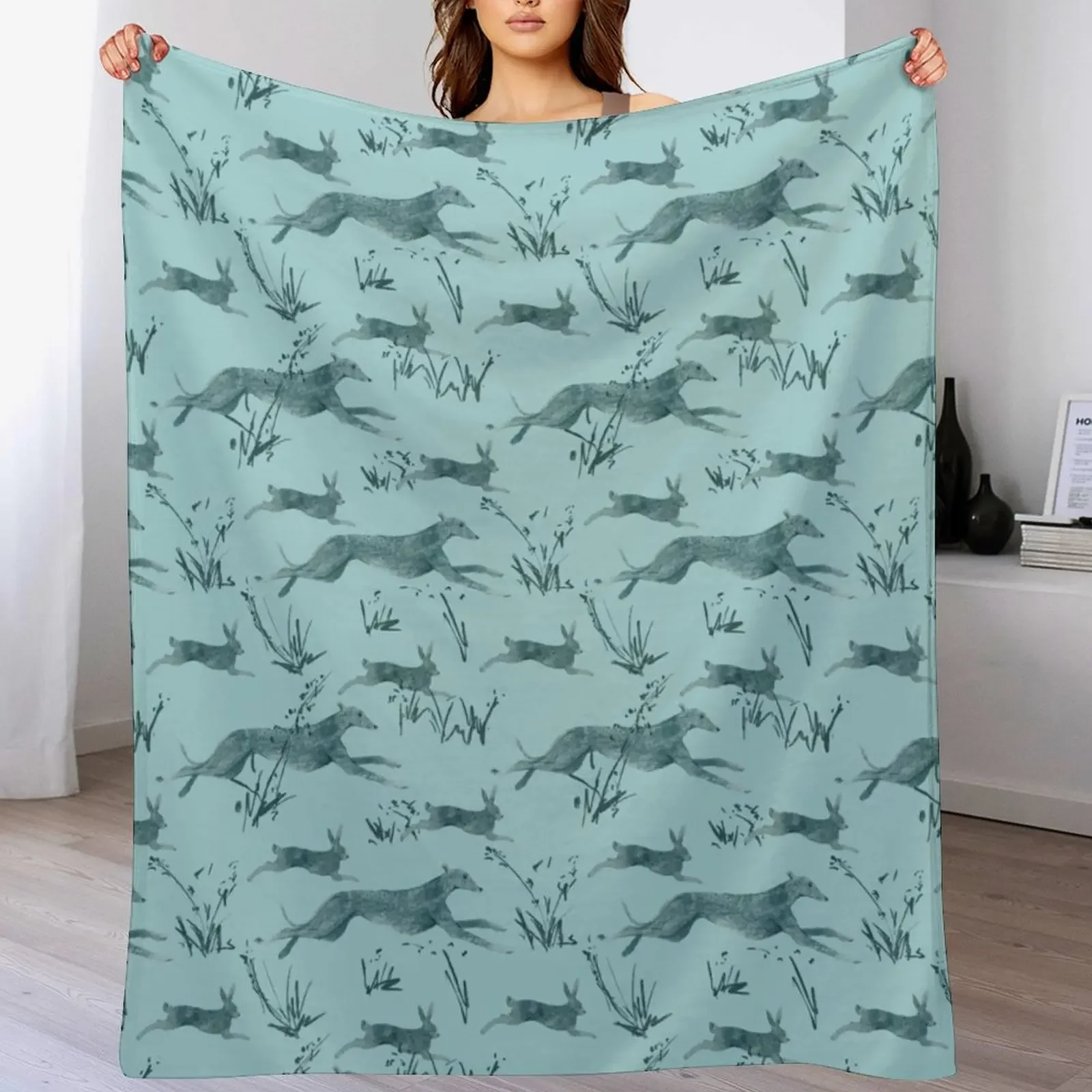 

A galgo and a hare on turquise Throw Blanket Travel Size Cozy Blanket for Plane Train