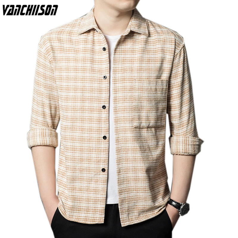 

Men 100% Cotton Shirt Tops Long Sleeve Thick for Autumn Spring Plaids Retro Vintage Turndown Collar Male Fashion Clothing 00994