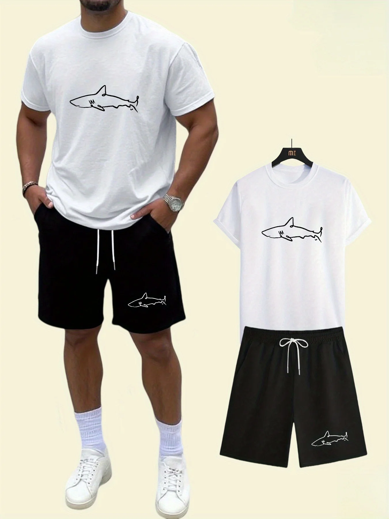 Conjunto Deportivo Minimalista para Hombre con Estampado de Tiburón, Camiseta Blanca y Pantalones Cortos Negros, Estilo Urbano de Verano, Dos Piezas