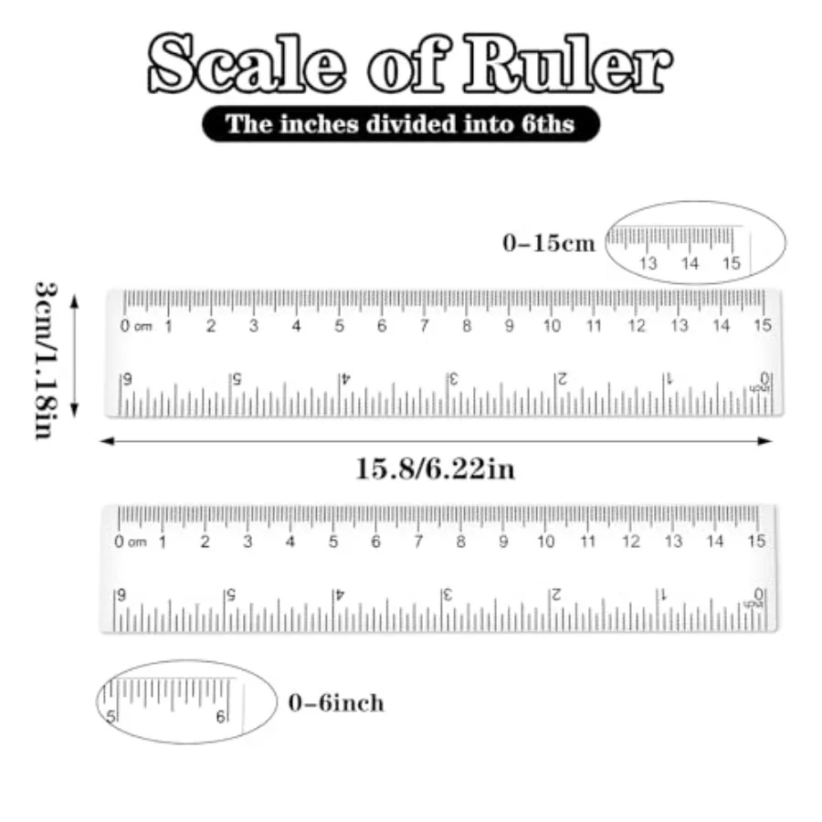 6 Inch Clear Ruler for Students and Teachers, Transparent Plastic, Dual-Scale Measuring Tool in Clear Color for Classroom, Offi