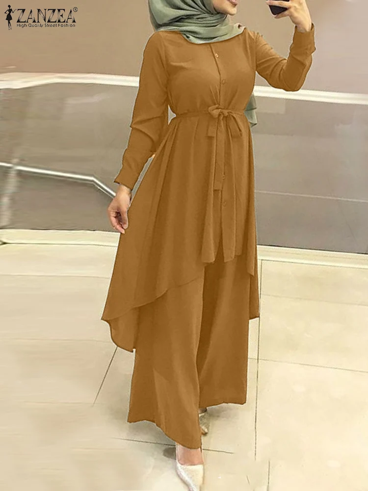 

Muslim Wide Leg Trousers Islamic Suits ZANZEA Two Piece Sets Womens Outifits Fashion Lapel Neck Long Sleeve Shirt Pant Sets