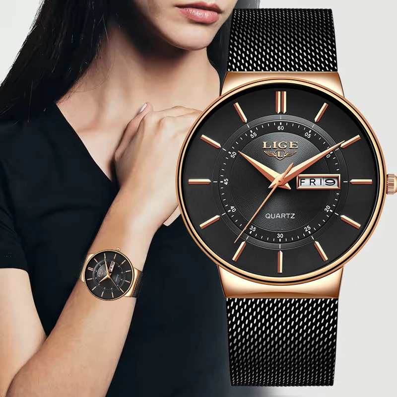 

Новые женские кварцевые наручные часы LIGE, ультратонкие, из розового золота, с сетчатым браслетом, водонепроницаемые, простые и элегантные, женские часы-браслет, подарок для женщин