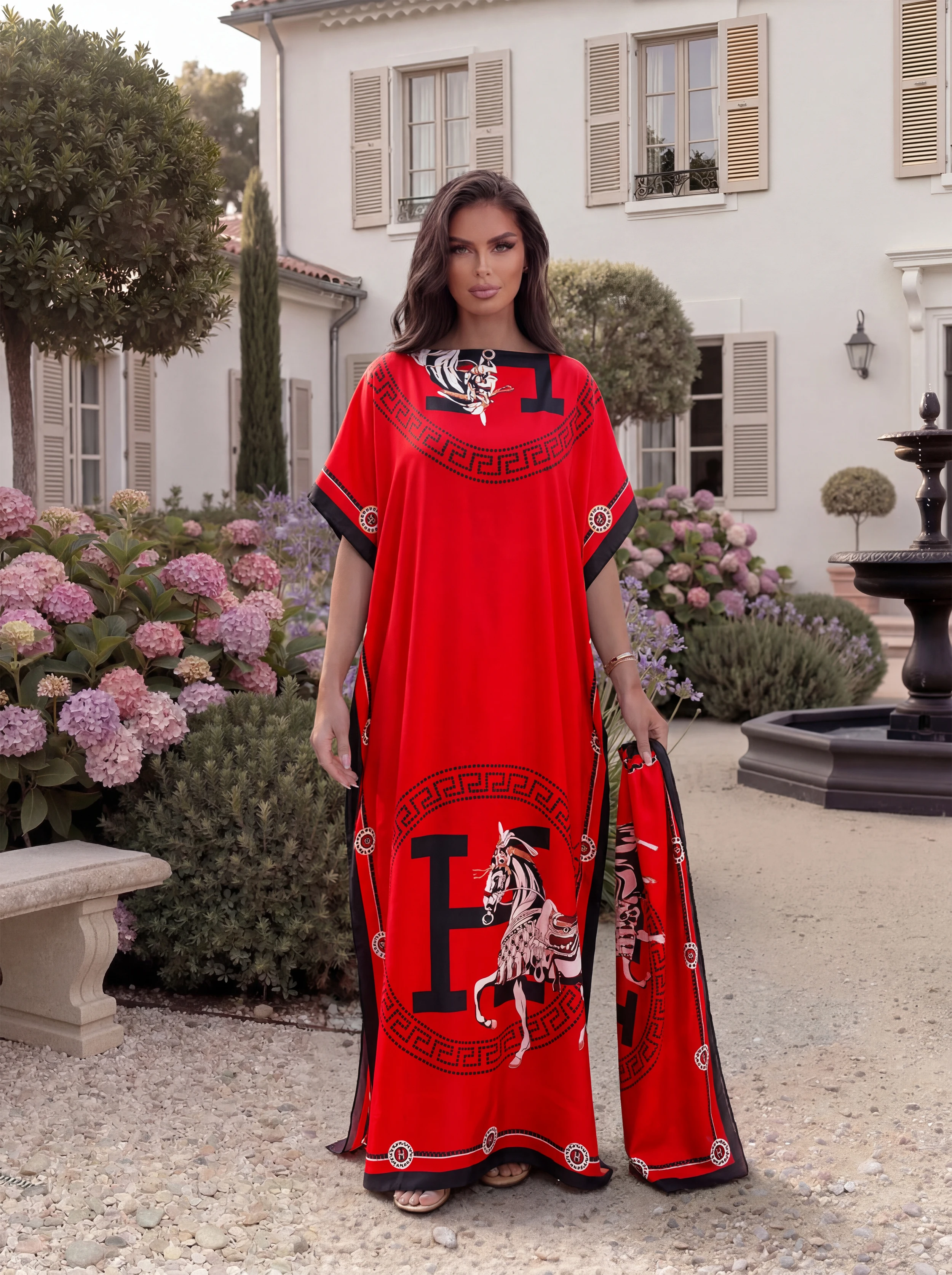 Luxury Horse Print Abaya with Matching Scarf, Loose Short‑Sleeve Long Robe, Summer Beach Outfit for African Muslim Ladies