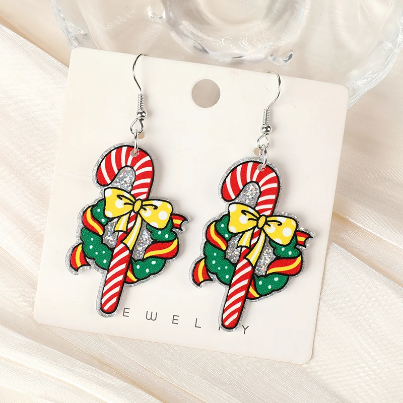 1Pair Christmas Drop Earring AcrylicCrutch Snowflake Gift Snowman For Woman Girl Holiday Birthday Gift