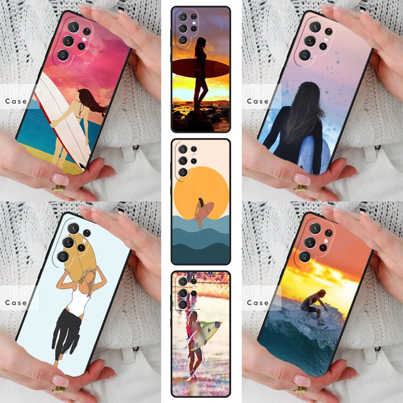 surfboard surfing art surf Girl TPU Phone Case for Samsung Galaxy S26 S25 S24 S23 S22 S21 S20 Note10 Plus FE Ultra Cover