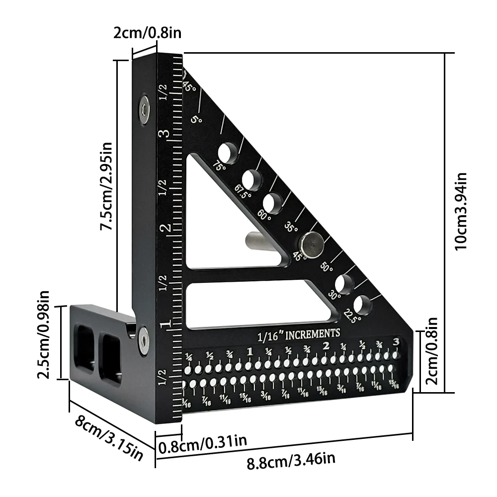 Imagem -05 - Régua de Medição Multi-ângulo Liga de Alumínio Durável T-tipo Triângulo Scriber Transferidor Quadrado Posicionamento do Buraco Polegada mm Allsome3d