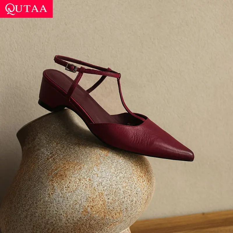 QUTAA 2026 Fashion Slingback Women Pumps Shoes Mid Heels News Pointed Toe Genuine Leather Sexy T-Strap Office Shoes Dress 34-42
