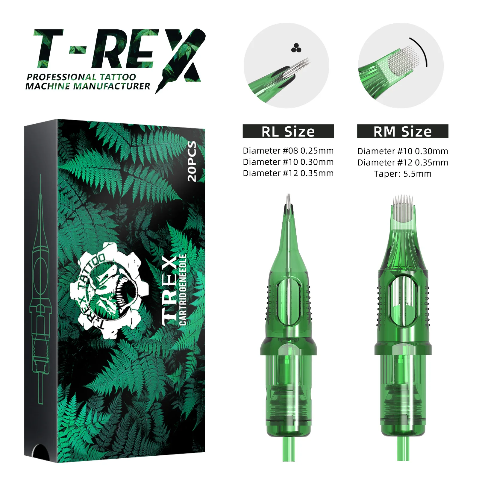 

T-rex 20pcs Tattoo Cartridge Needle RLRM Sterile Safety Needle Tattoo Rotary Pen Round Lining 0.25MM 0.3MM 0.35MM