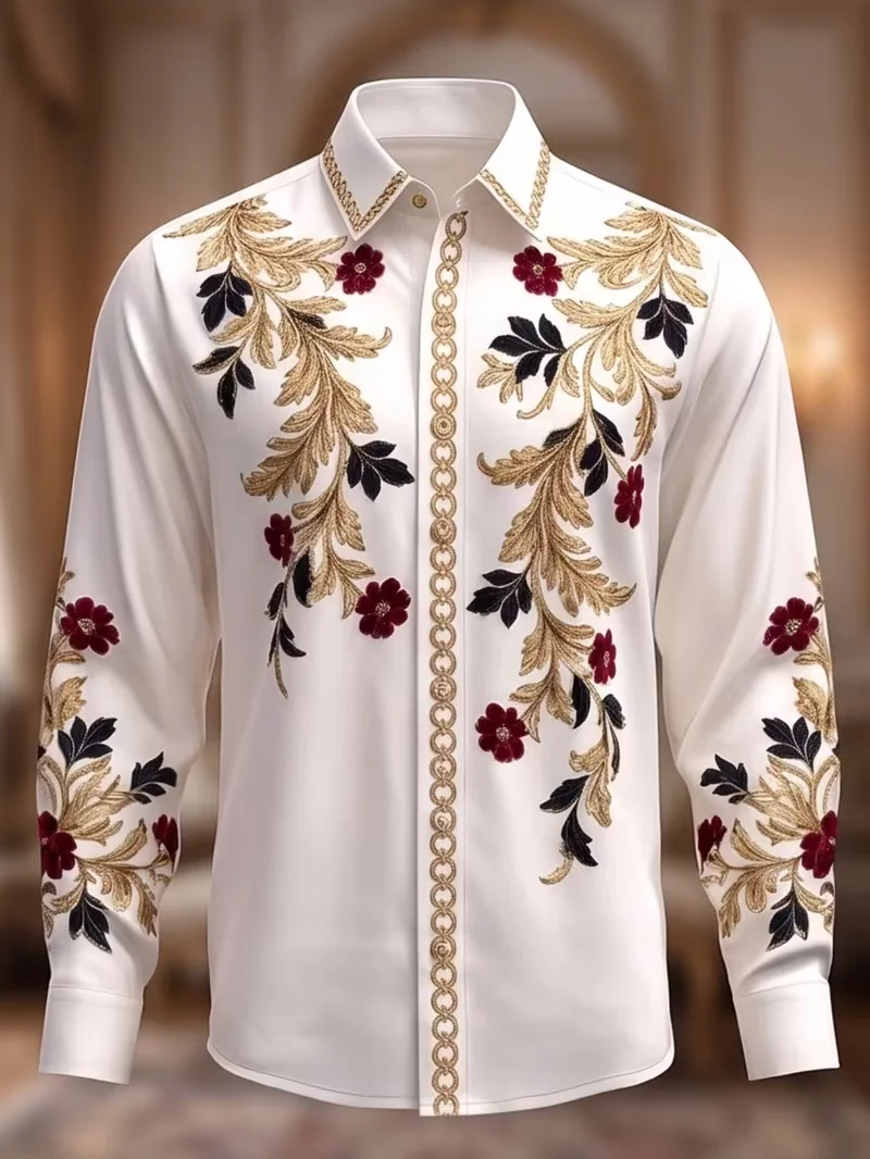 New men's winter beautiful long sleeved shirt with blues ice flower, diamond flower and leaf pattern lapel top