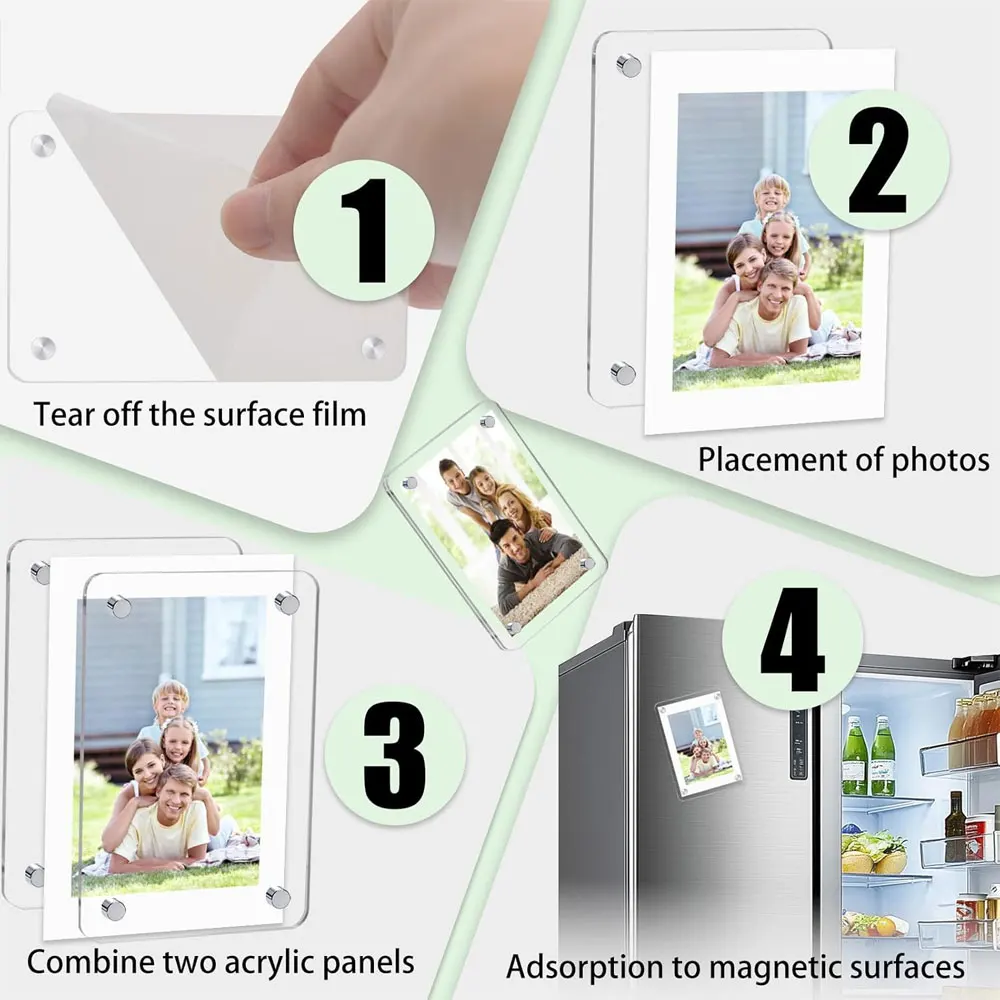 6pcs acrylic magnetic photo frames, 2.36×3.54 inches, thickened frameless transparent photo display stand.