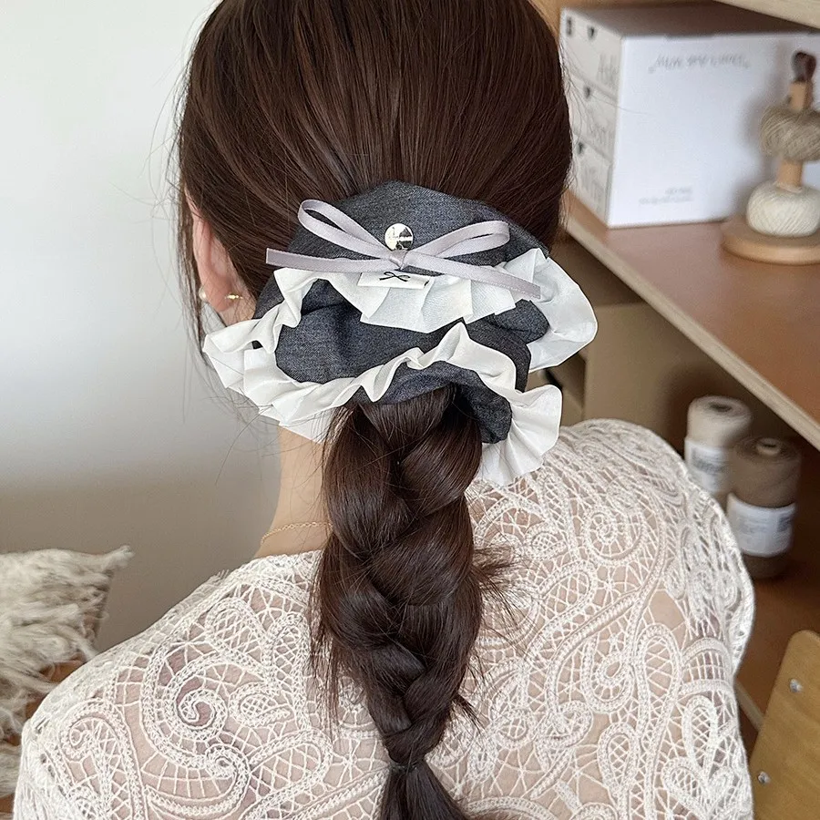 

Sweet Scrunchie Lace Edge Plain Color Campus Style Ruffle Elastic Ponytail Holder Versatile Hair Accessory for Women