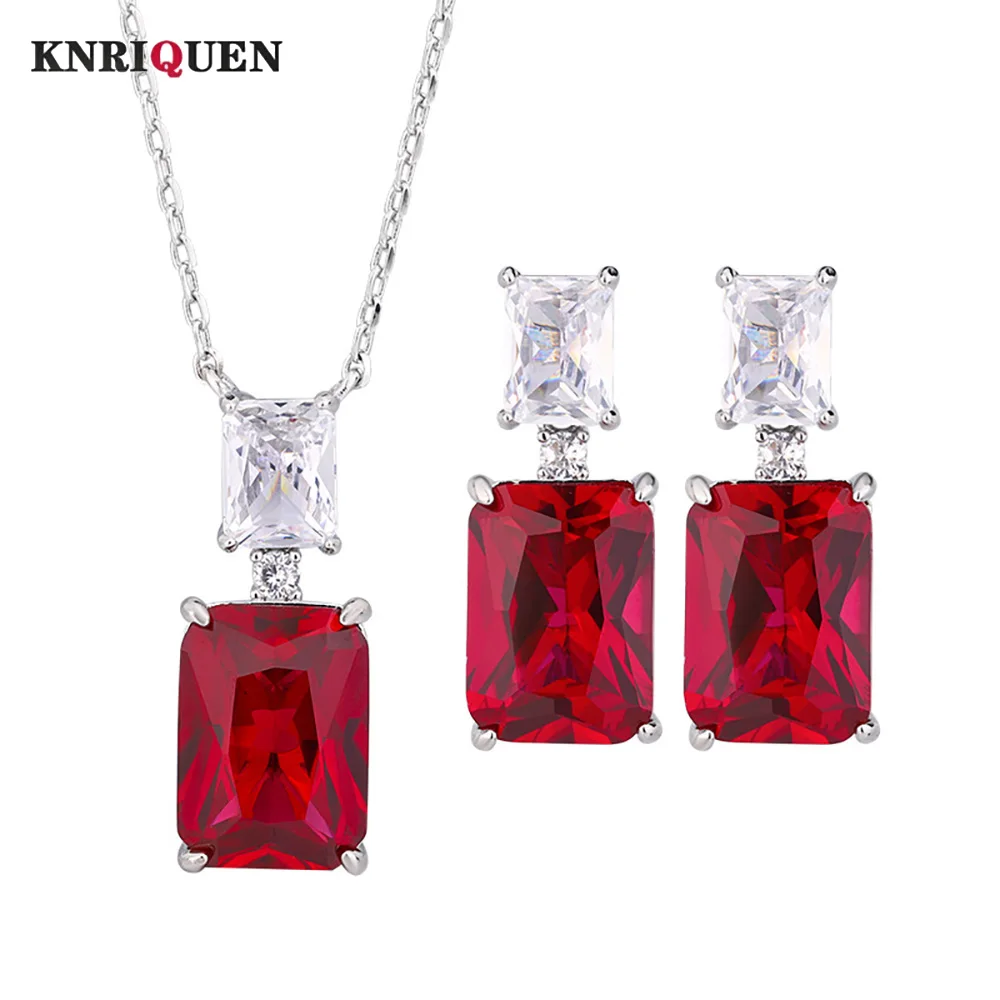 

Vintage 10*14mm Blood Ruby Gemstone Pendant Necklace Drop Earrings for Women Cocktail Party Fine Jewelry Sets Gift Accessories