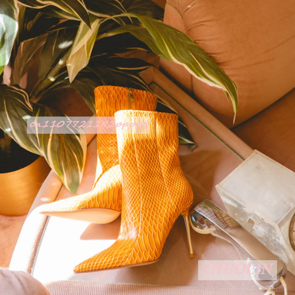 

2026 New Spring Orange Snake Print Straight Boots Women'S Metal Heel Side Zipper Ankle Boots Sexy Party Dress Runway Boots 46