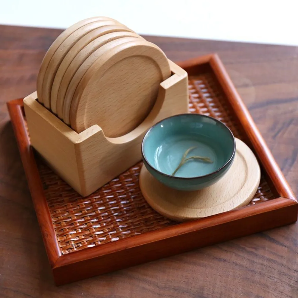 

6pcs/set Household Japanese Style Wood Coaster Round Anti-scalding Teacup Mat Retro Non-slip Insulated Placemat Dish